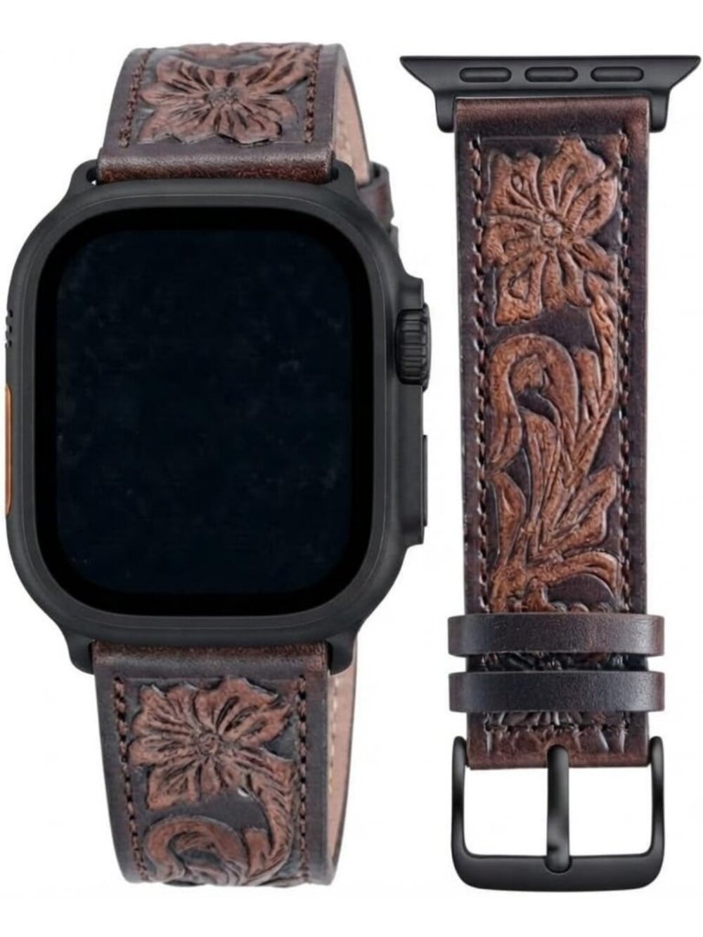 3D Floral Tooled Leather Band for Apple Watch Ultra & Series 1-11, Unisex Strap